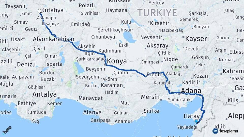 Hatay Samandağ Kütahya Arası Kaç Km - Yol Haritası