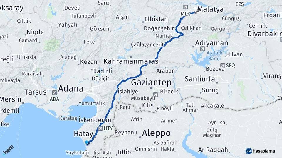 Hatay Samandağ Malatya Arası Kaç Km - Yol Haritası