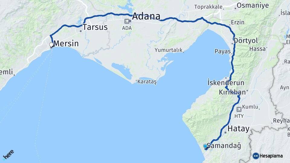Hatay Samandağ Mersin Arası Kaç Km - Yol Haritası