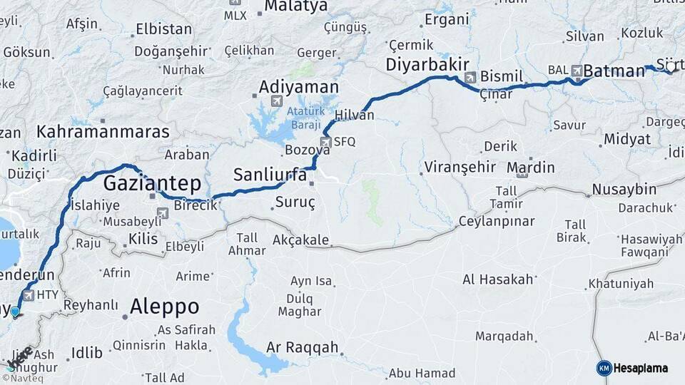Hatay Siirt Arası Kaç Km - Yol Haritası