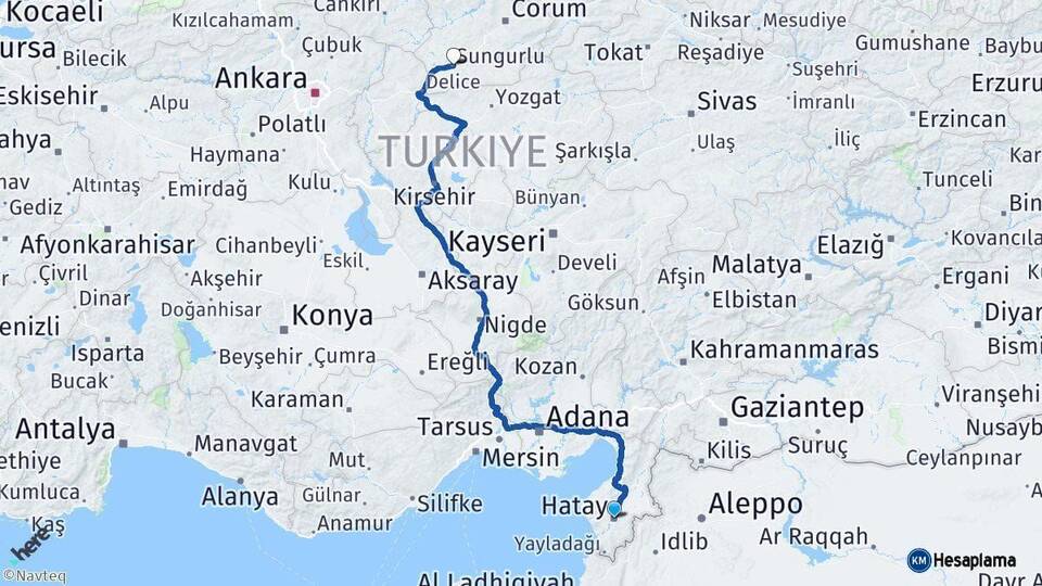 Hatay Sungurlu Çorum Arası Kaç Km - Yol Haritası