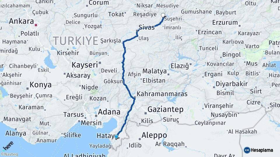 Hatay Suşehri Sivas Arası Kaç Km - Yol Haritası