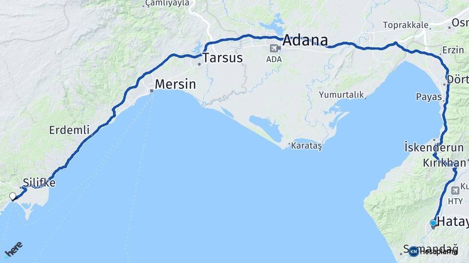 Hatay Taşucu Silifke Mersin Arası Kaç Km - Yol Haritası