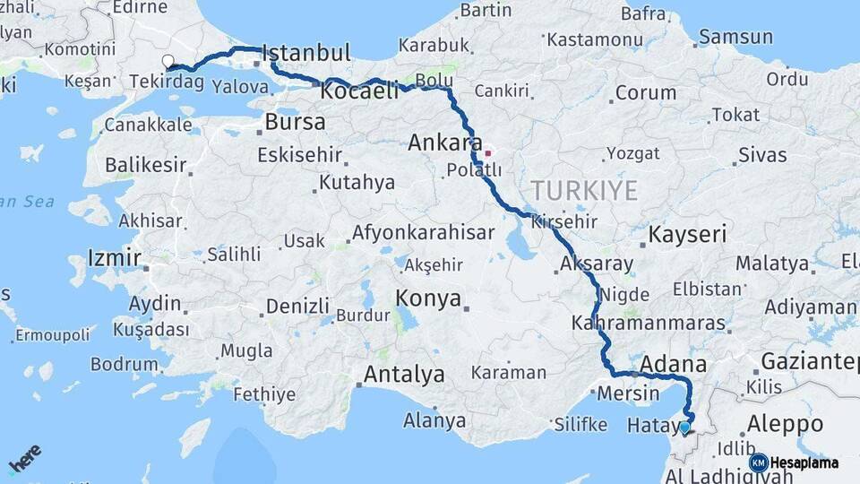 Hatay Tekirdağ Arası Kaç Km - Yol Haritası