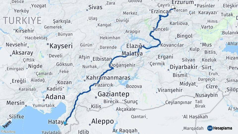 Hatay Tercan Erzincan Arası Kaç Km - Yol Haritası