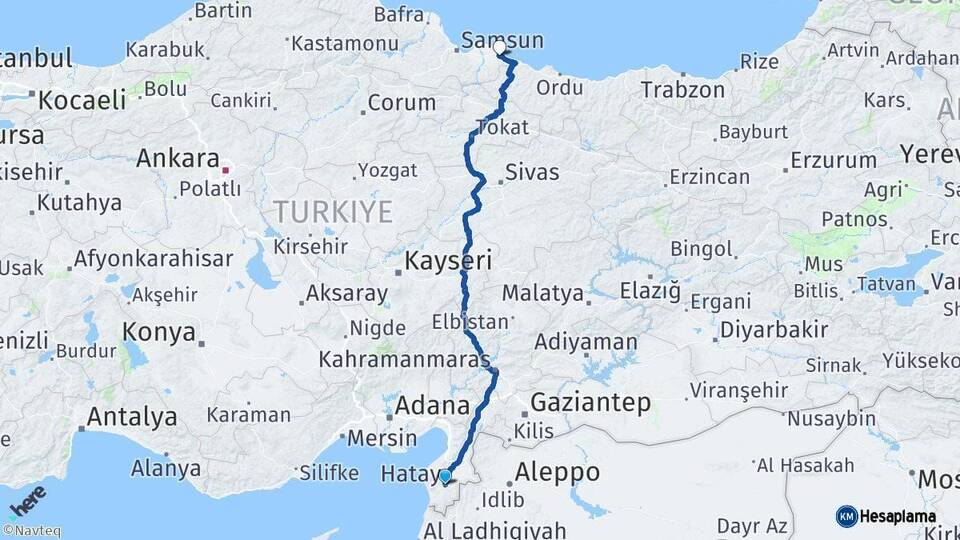 Hatay Terme Samsun Arası Kaç Km - Yol Haritası