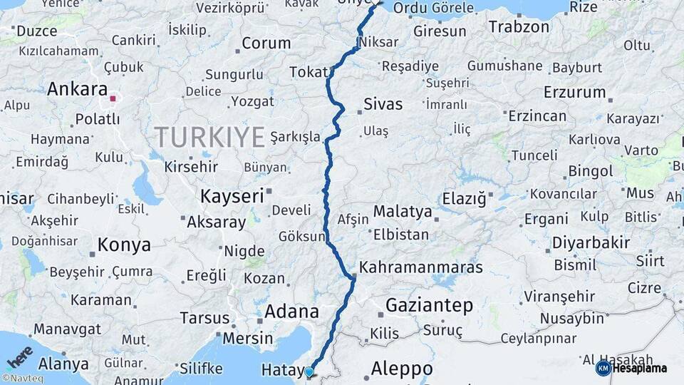 Hatay Ünye Ordu Arası Kaç Km - Yol Haritası