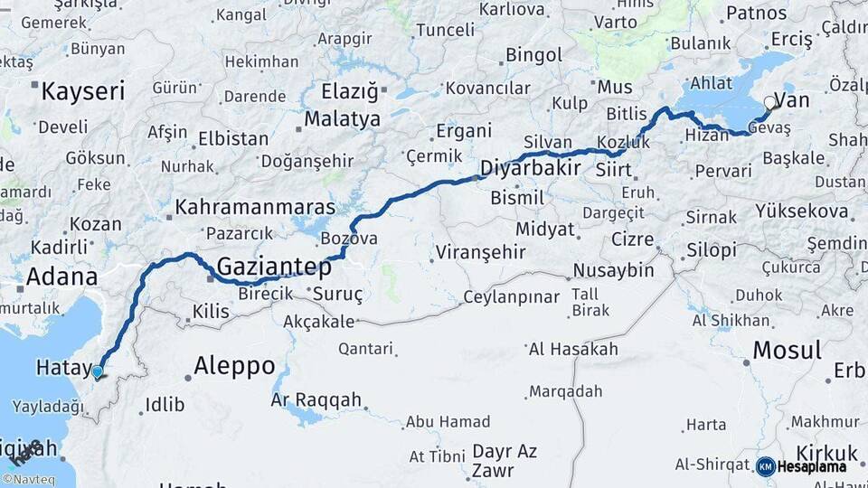 Hatay Van Arası Kaç Km - Yol Haritası