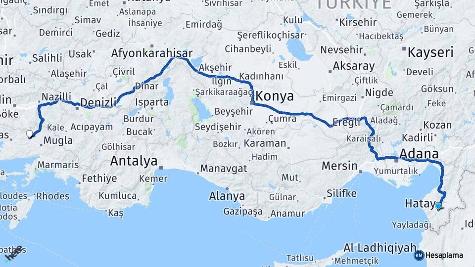 Hatay Yatağan Muğla Arası Kaç Km - Yol Haritası