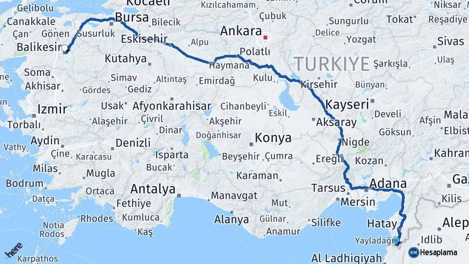 Yayladağı Balıkesir Arası Kaç Km - Yol Tarifi