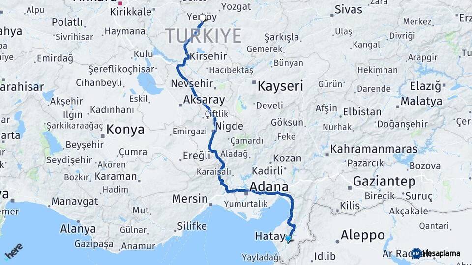 Hatay Yerköy Yozgat Arası Kaç Km - Yol Haritası