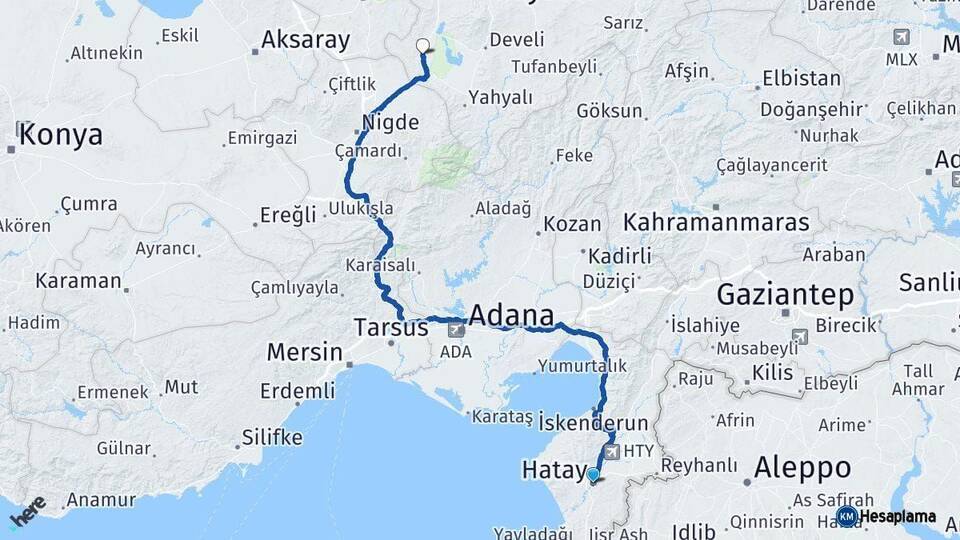 Hatay Yeşilhisar Kayseri Arası Kaç Km - Yol Haritası
