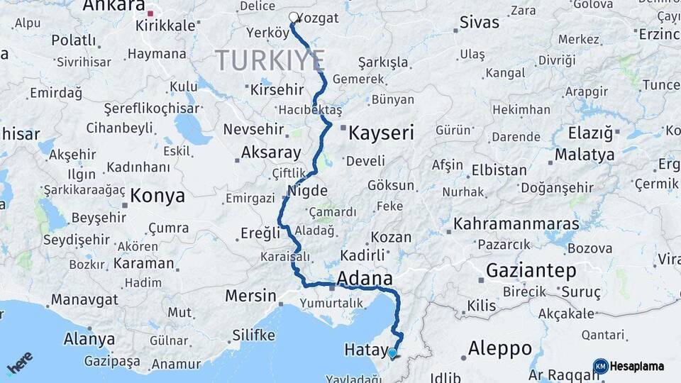Hatay Yozgat Arası Kaç Km - Yol Haritası