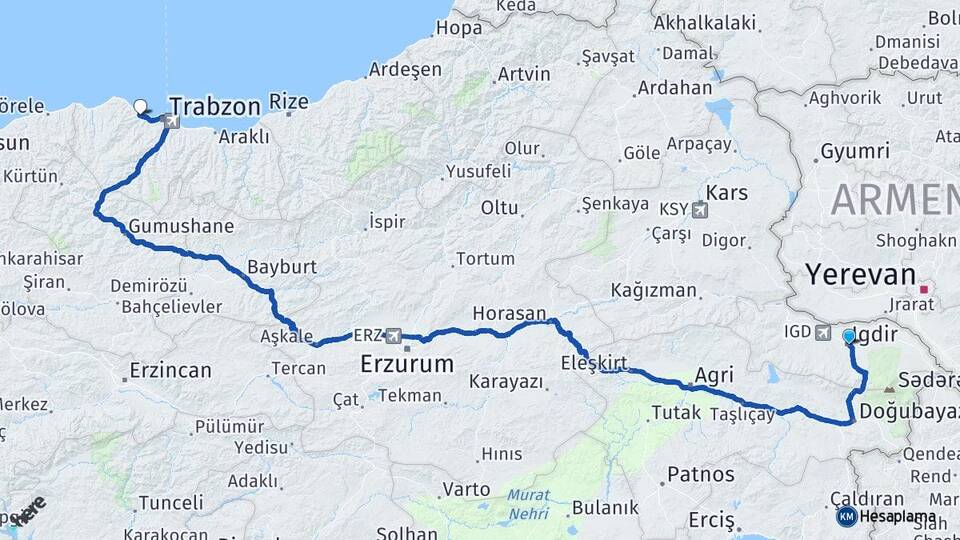 Iğdır Akçaabat Trabzon Arası Kaç Km - Yol Haritası