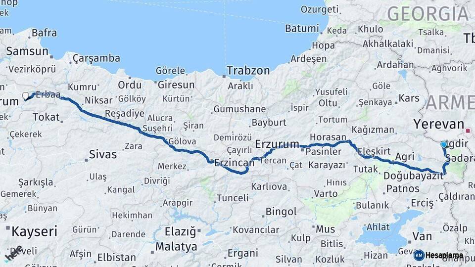Iğdır Amasya Arası Kaç Km - Yol Haritası