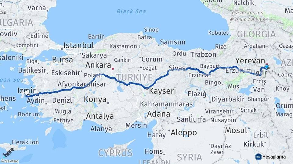 Iğdır Aralık Çeşme İzmir Arası Kaç Km - Yol Haritası