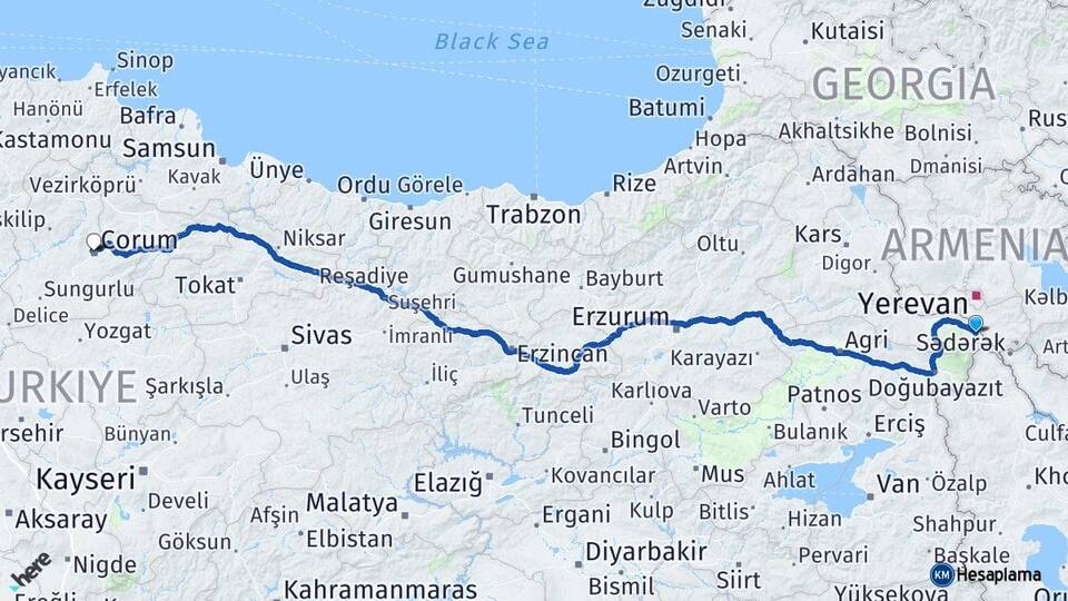 Iğdır Aralık Çorum Arası Kaç Km - Yol Haritası