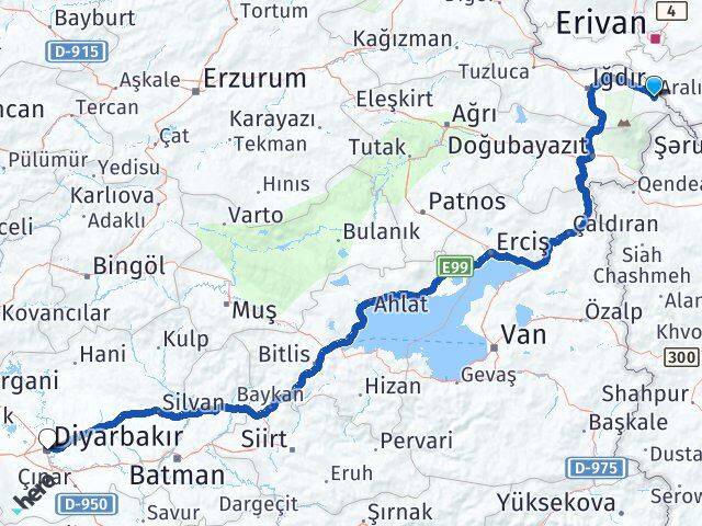 Iğdır Aralık Diyarbakır Arası Kaç Km - Yol Haritası