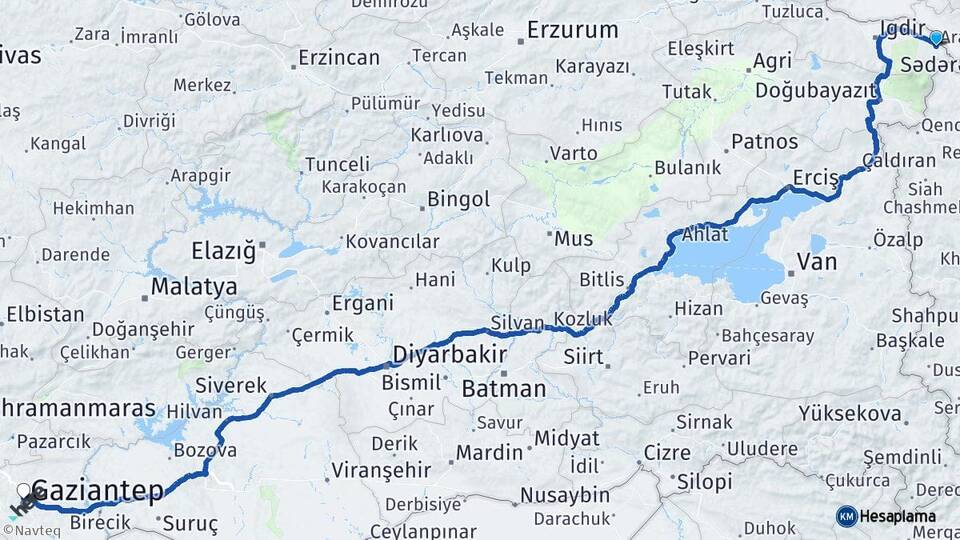 Iğdır Aralık Gaziantep Arası Kaç Km - Yol Haritası