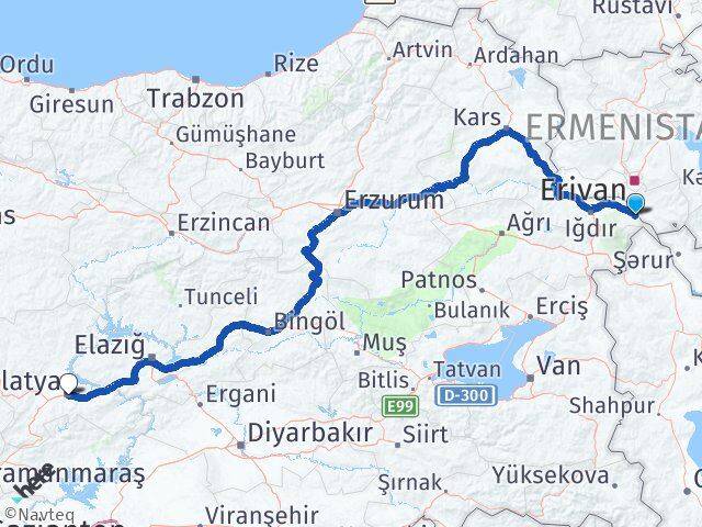 Iğdır Aralık Malatya Arası Kaç Km - Yol Haritası