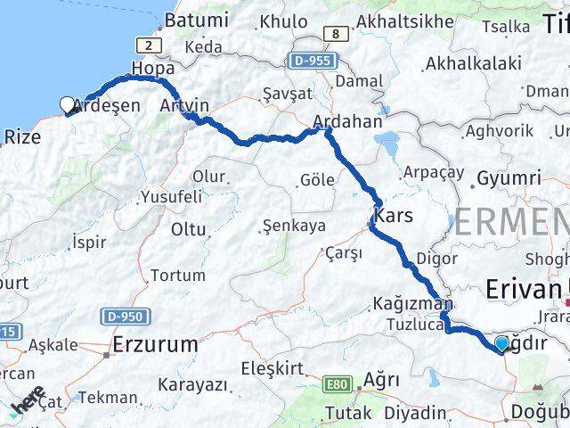 Iğdır Ardeşen Rize Arası Kaç Km - Yol Haritası