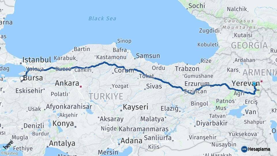 Iğdır Bursa Arası Kaç Km - Yol Haritası