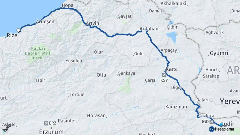 Iğdır Çayeli Rize Arası Kaç Km - Yol Haritası