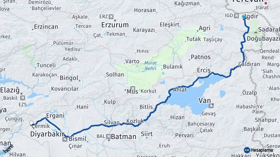 Iğdır Çermik Diyarbakır Arası Kaç Km - Yol Haritası