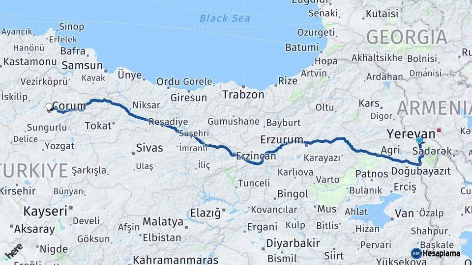 Iğdır Çorum Arası Kaç Km - Yol Haritası