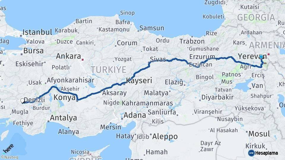 Iğdır Denizli Arası Kaç Km - Yol Haritası