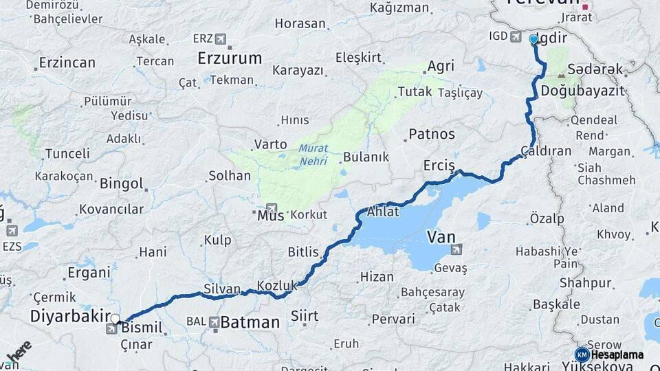 Iğdır Diyarbakır Arası Kaç Km - Yol Haritası