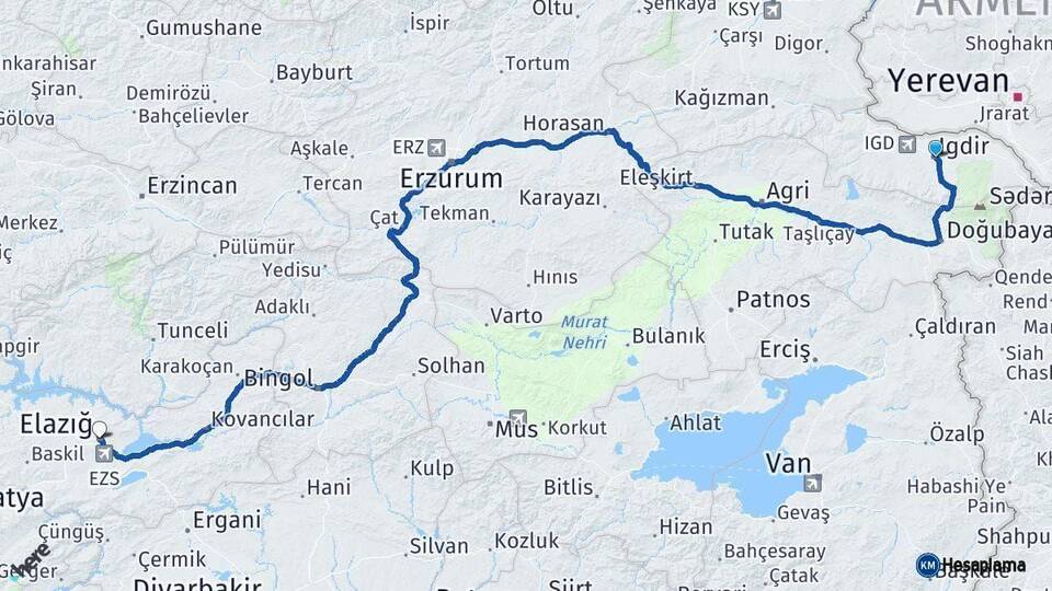 Iğdır Elazığ Arası Kaç Km - Yol Haritası
