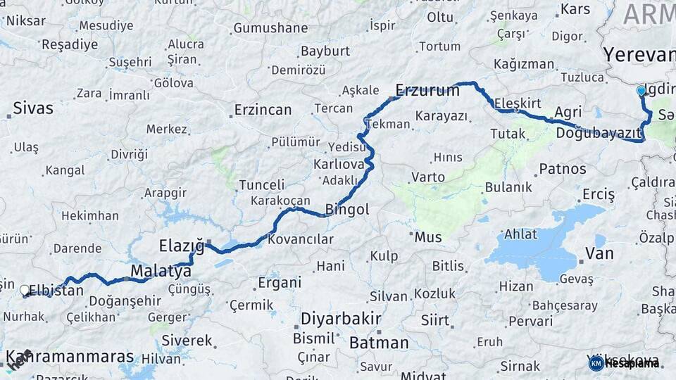 Iğdır Elbistan Kahramanmaraş Arası Kaç Km - Yol Haritası