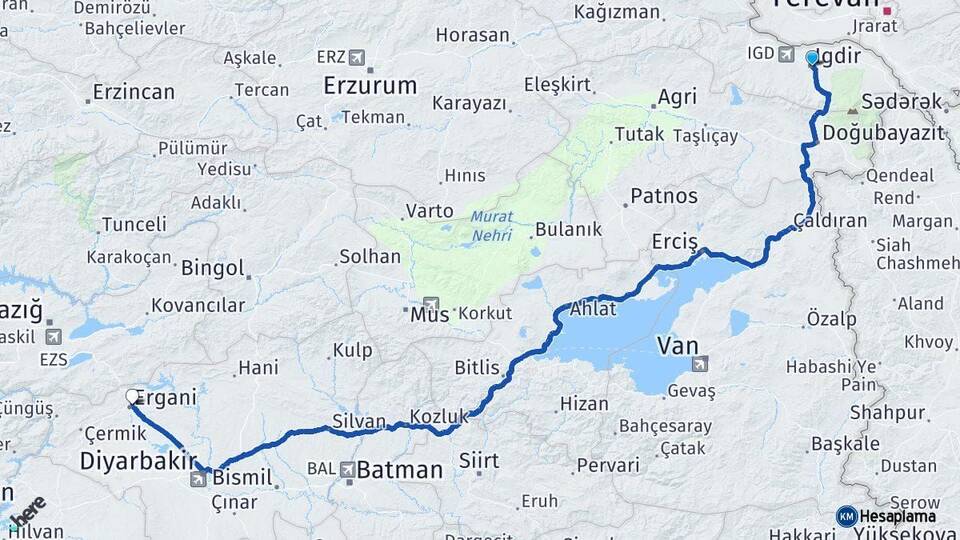 Iğdır Ergani Diyarbakır Arası Kaç Km - Yol Haritası