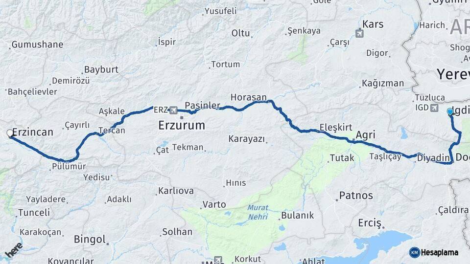 Iğdır Erzincan Arası Kaç Km - Yol Haritası