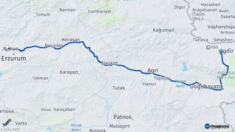 Iğdır Erzurum Havalimanı Arası Kaç Km - Yol Haritası