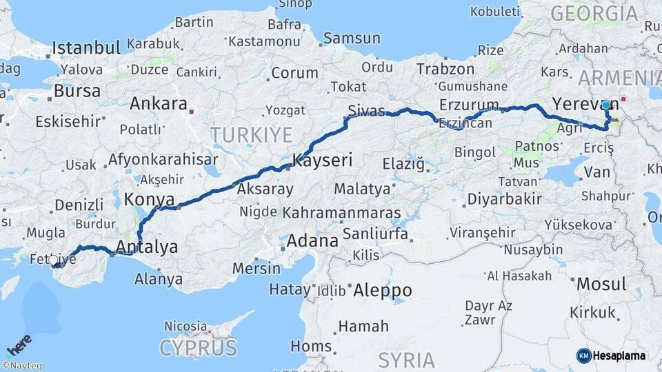 Iğdır Fethiye Muğla Arası Kaç Km - Yol Haritası
