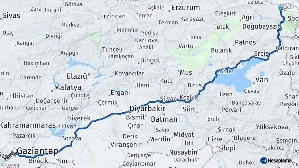 Iğdır Gaziantep Arası Kaç Km - Yol Haritası