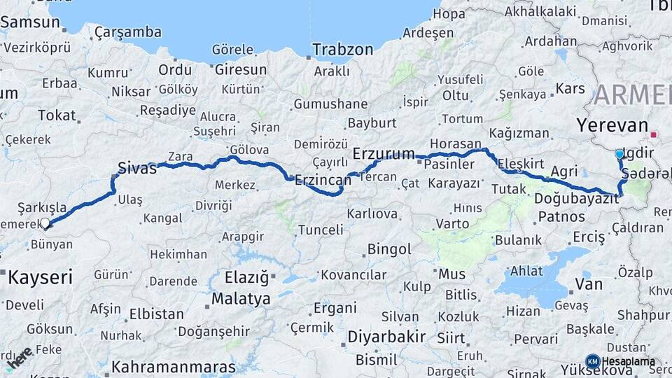 Iğdır Gemerek Sivas Arası Kaç Km - Yol Haritası