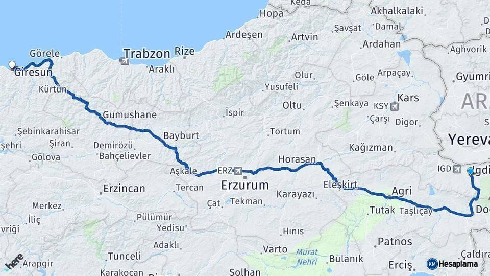 Iğdır Giresun Arası Kaç Km - Yol Haritası