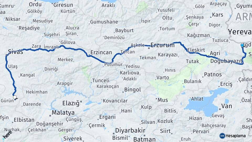 Iğdır Gürün Sivas Arası Kaç Km - Yol Haritası