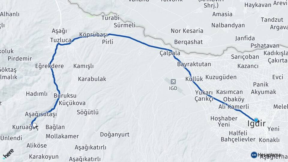 Iğdır Hamurkesen Tuzluca Arası Kaç Km - Yol Haritası
