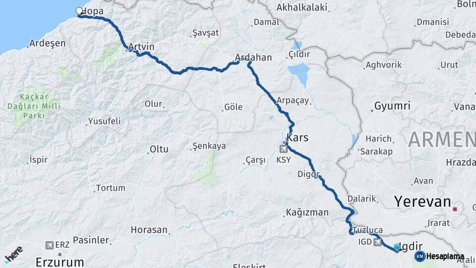 Iğdır Hopa Artvin Arası Kaç Km - Yol Haritası