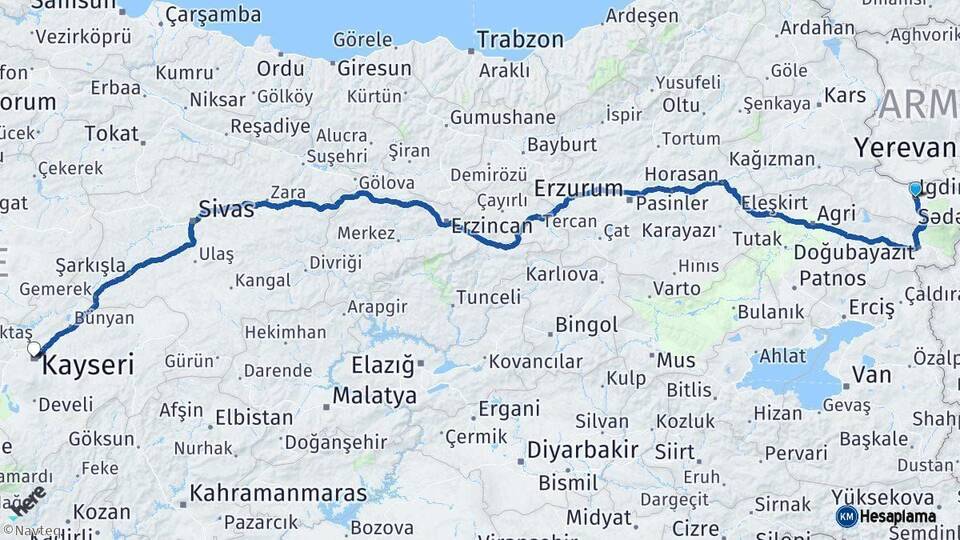 Iğdır Kayseri Arası Kaç Km - Yol Haritası