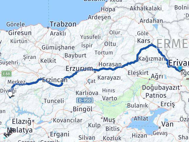 Iğdır Kemaliye Erzincan Arası Kaç Km - Yol Haritası