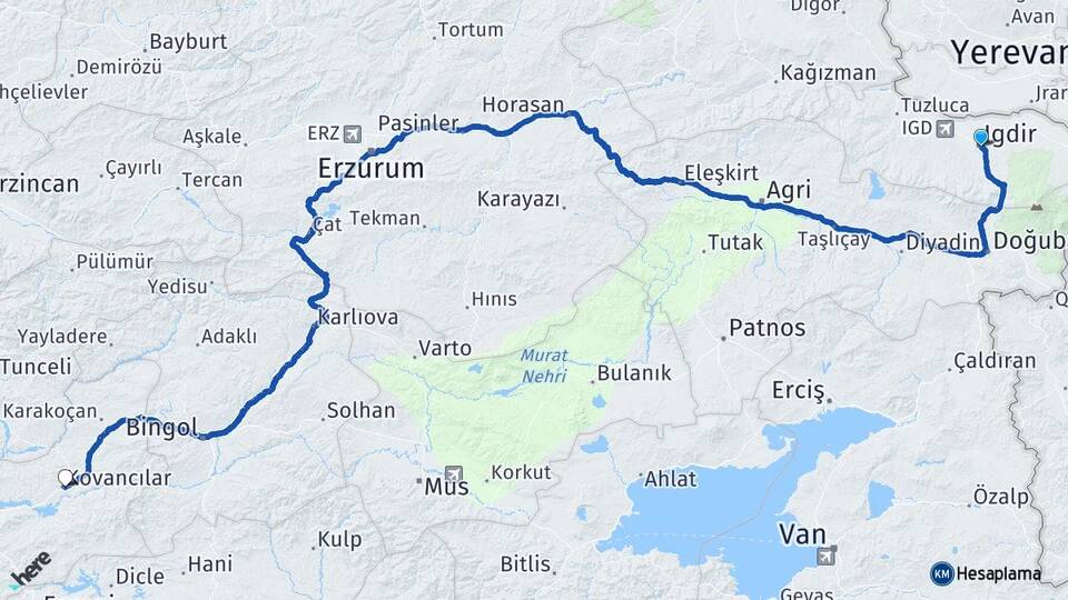 Iğdır Kovancılar Elazığ Arası Kaç Km - Yol Haritası