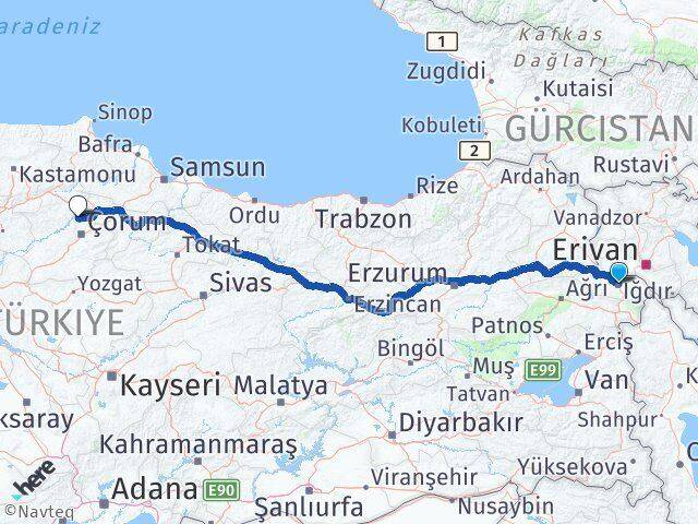 Iğdır Laçin Çorum Arası Kaç Km - Yol Haritası