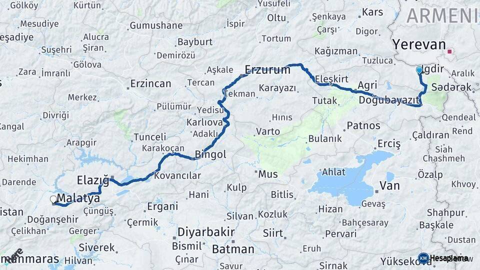 Iğdır Malatya Arası Kaç Km - Yol Haritası