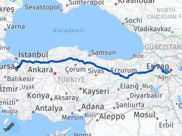 Iğdır Mudanya Bursa Arası Kaç Km - Yol Haritası