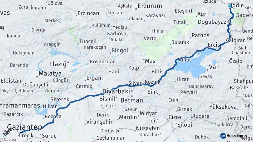 Iğdır Nizip Gaziantep Arası Kaç Km - Yol Haritası